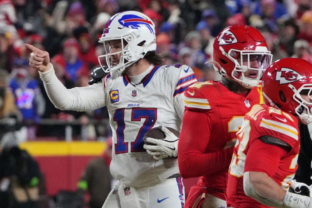 Jan 26, 2025; Kansas City, MO, USA; Buffalo Bills quarterback Josh Allen (17) reacts after a first down against the Kansas City Chiefs during the second half in the AFC Championship game at GEHA Field at Arrowhead Stadium.