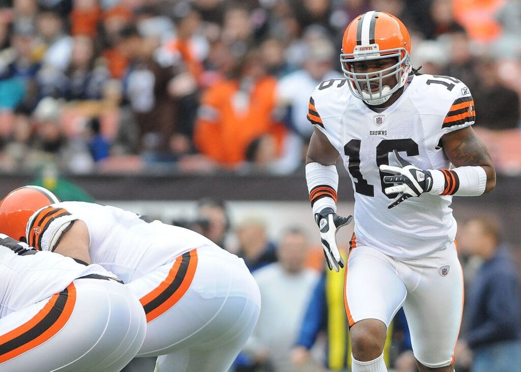 November 13, 2011; Cleveland, OH , USA; Cleveland Browns wide receiver Josh Cribbs (16) during the first quarter against the St. Louis Rams at Cleveland Browns Stadium.