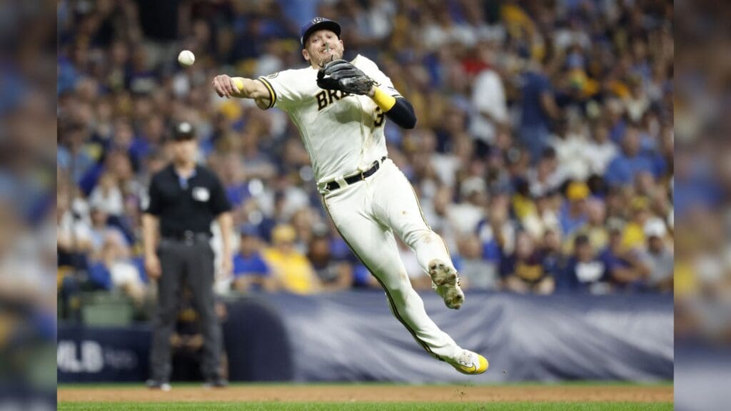 Oct 4, 2023; Milwaukee, Wisconsin, USA; Milwaukee Brewers third baseman Josh Donaldson (3) throws to first in the seventh inning against the Arizona Diamondbacks during game two of the Wildcard series for the 2023 MLB playoffs at American Family Field.
