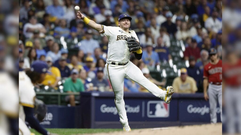 Oct 4, 2023; Milwaukee, Wisconsin, USA; Milwaukee Brewers third baseman Josh Donaldson (3) throws to first in the fourth inning against the Arizona Diamondbacks during game two of the Wildcard series for the 2023 MLB playoffs at American Family Field.