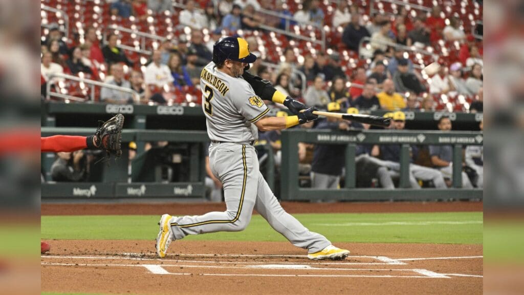 Sep 20, 2023; St. Louis, Missouri, USA; Milwaukee Brewers right fielder Josh Donaldson (3) hits a 3-run homerun against the St. Louis Cardinals during the first inning at Busch Stadium.
