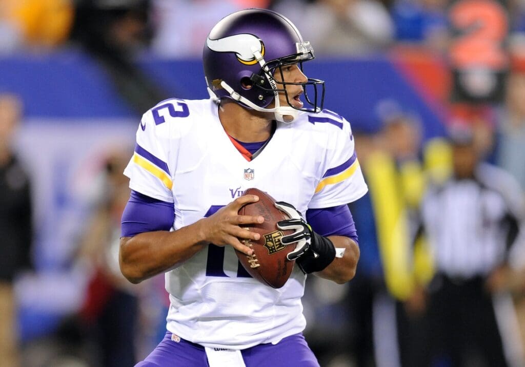Oct 21, 2013; East Rutherford, NJ, USA; Minnesota Vikings quarterback Josh Freeman (12) drops back to pass against the New York Giants during the first half at MetLife Stadium.