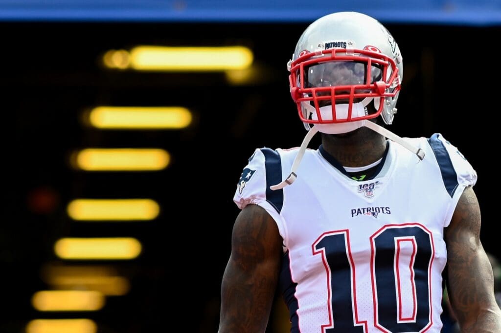 Sep 29, 2019; Orchard Park, NY, USA; New England Patriots wide receiver Josh Gordon (10) enters the field prior to the game between the Buffalo Bills and the New England Patriots at New Era Field.