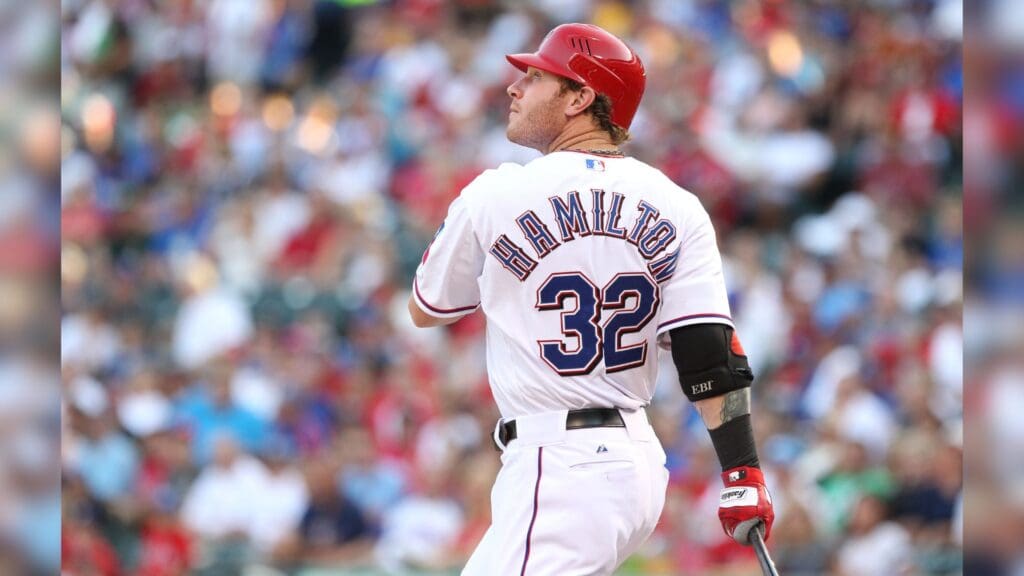 Jul 25, 2011; Arlington, TX, USA; Texas Rangers outfielder Josh Hamilton (32) watches his RBI double in the first inning against the Minnesota Twins at Rangers Ballpark.