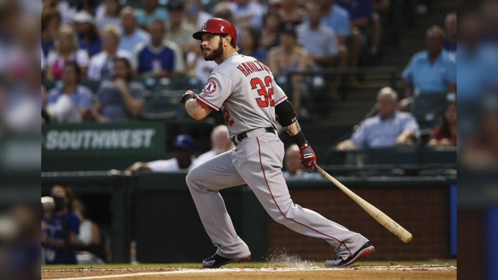 Sep 26, 2013; Arlington, TX, USA; Los Angeles Angels designated hitter Josh Hamilton (32) bats during the game against the Texas Rangers at Rangers Ballpark in Arlington.