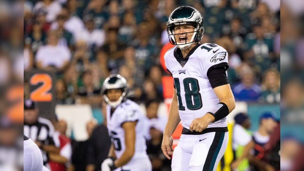 Aug 22, 2019; Philadelphia, PA, USA; Philadelphia Eagles quarterback Josh McCown (18) during the third quarter against the Baltimore Ravens at Lincoln Financial Field.
