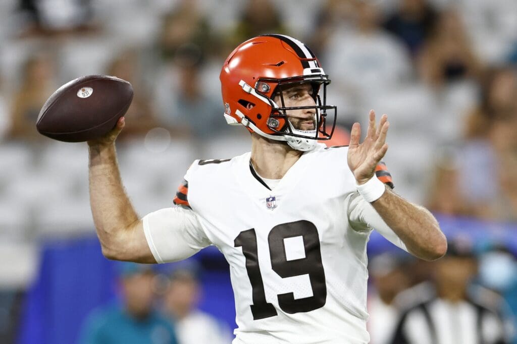 Aug 12, 2022; Jacksonville, Florida, USA; Cleveland Browns quarterback Josh Rosen (19) looks to throw the ball during the third quarter of a preseason game against the Jacksonville Jaguars at TIAA Bank Field.