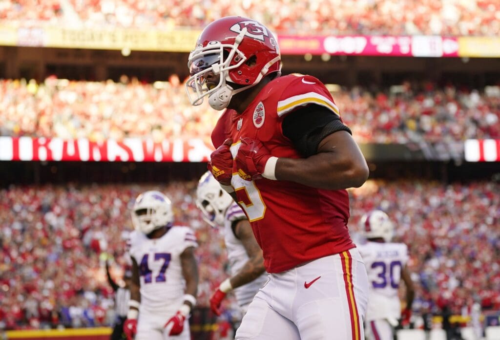 Oct 16, 2022; Kansas City, Missouri, USA; Kansas City Chiefs wide receiver JuJu Smith-Schuster (9) celebrates after a play during the second half against the Buffalo Bills at GEHA Field at Arrowhead Stadium.