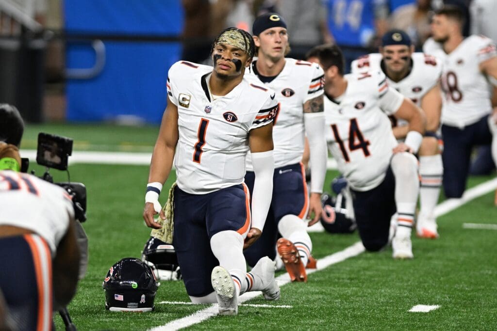 Nov 19, 2023; Detroit, Michigan, USA; Chicago Bears quarterback Justin Fields (1) stretches during pregame warmups before their game against the Detroit Lions at Ford Field