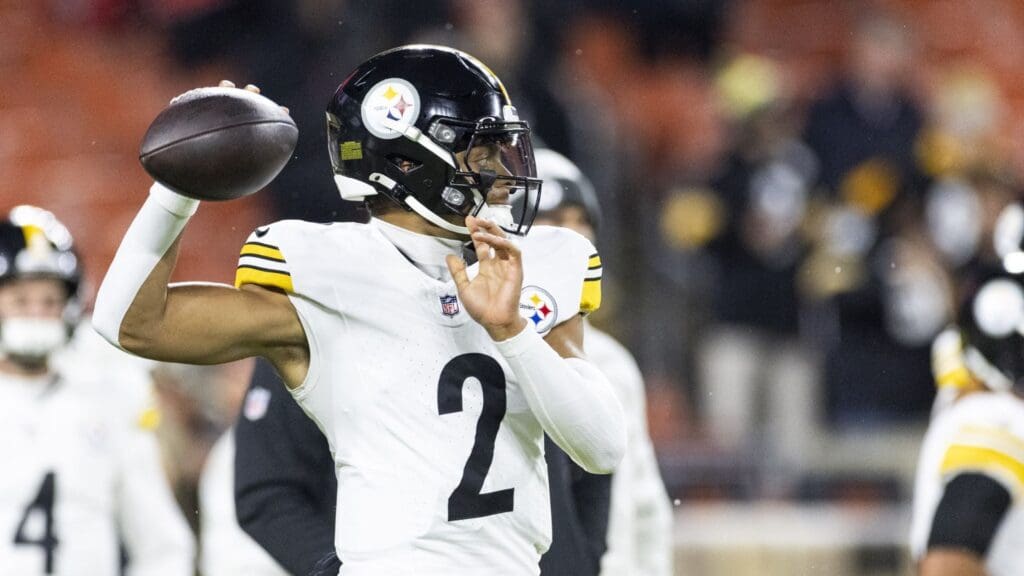 Nov 21, 2024; Cleveland, Ohio, USA; Pittsburgh Steelers quarterback Justin Fields (2) throws the ball during warm ups before the game against the Cleveland Browns at Huntington Bank Field Stadium.