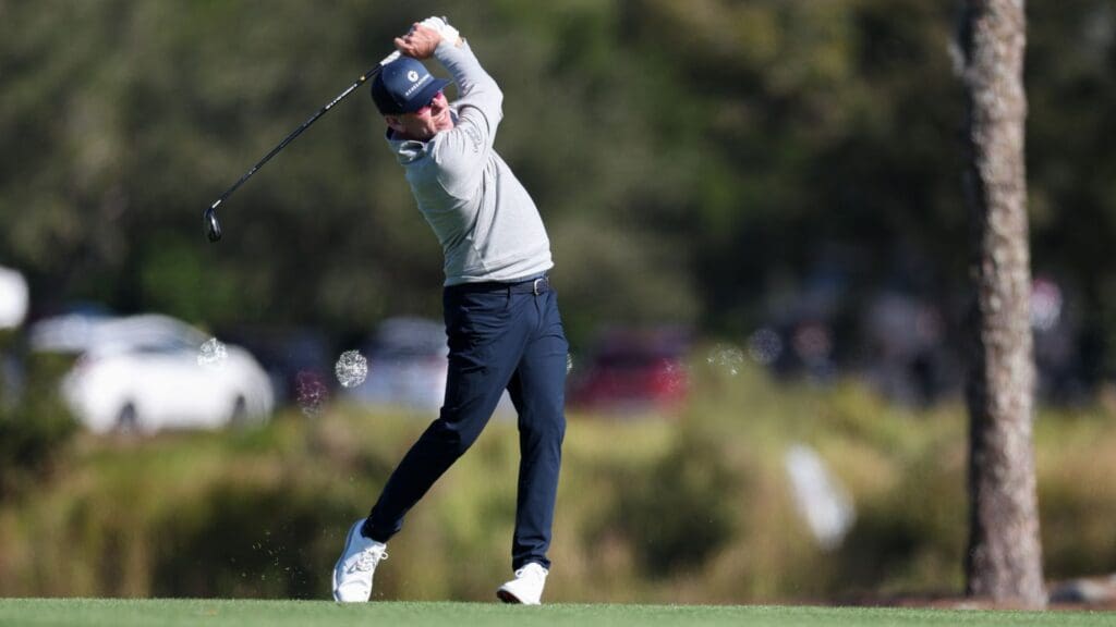 Justin Leonard hits a shot on the fifth fairway during the PNC Championship at The Ritz-Carlton Golf Club.