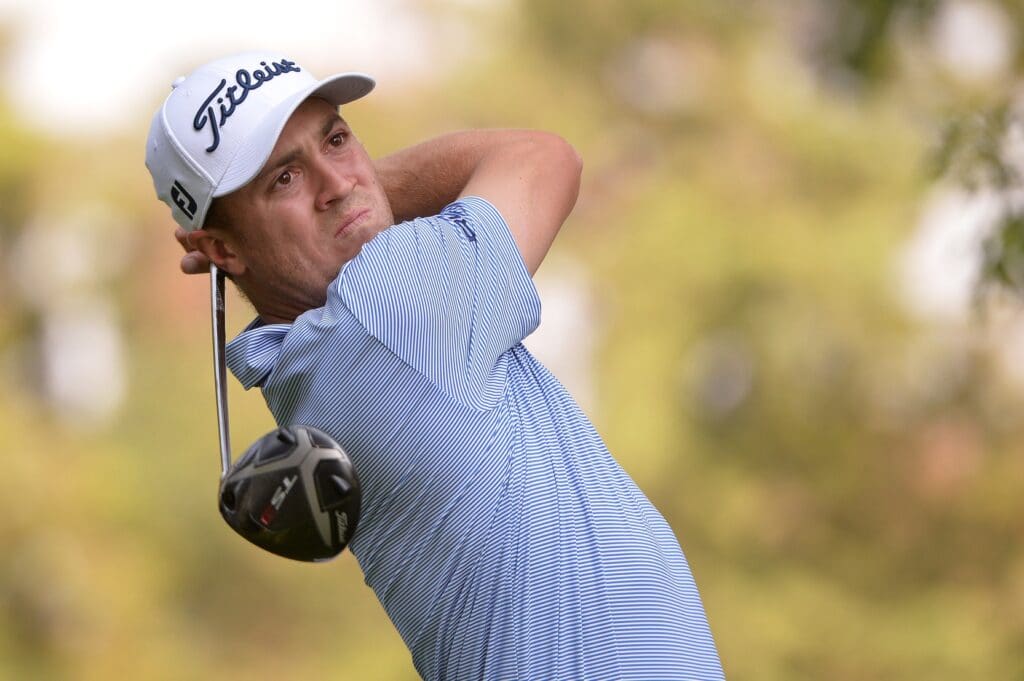 Feb 21, 2020; Mexico City, MEX; Justin Thomas plays his shot from the eighth tee during the second round of the WGC - Mexico Championship golf tournament at Club de Golf Chapultepec.