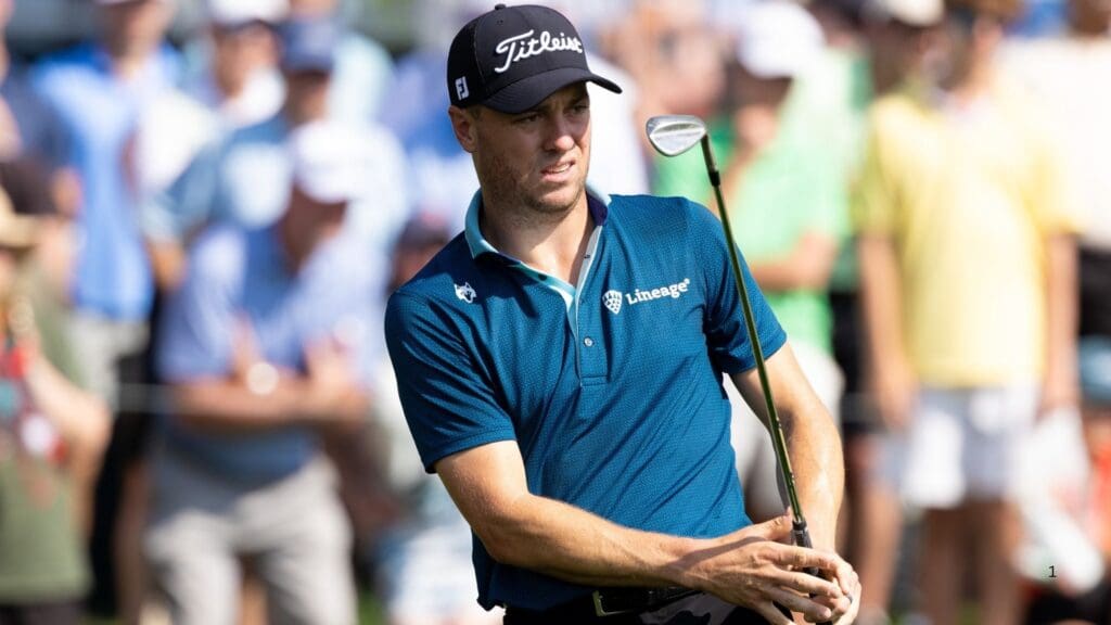 Jun 21, 2025; Cromwell, Connecticut, USA; Justin Thomas watches the result of his chip on the ninth hole during the third round of the Travelers Championship golf tournament.