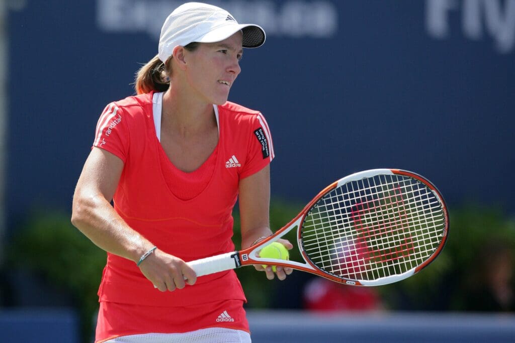 Aug 19, 2007; Toronto, ON, Canada; Justine Henin (BEL) against Jelena Jankovic (SCG) (not pictured) at the Rexall Centre in Toronto, ON. Henin beat Jankovic 7-6, 7-5 to win the Rogers Cup.