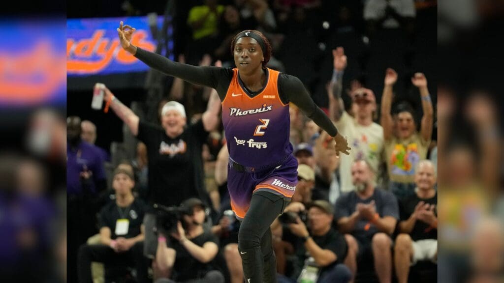 Phoenix Mercury guard Kahleah Copper (2) celebrates after a three point basket against the Seattle Storm during the first quarter at Footprint Center in Phoenix on Sunday, June 16, 2024.