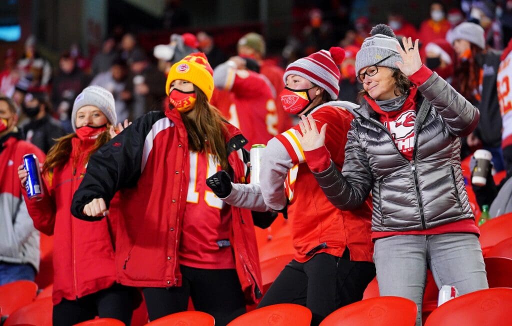 Dec 6, 2020; Kansas City, Missouri, USA; Kansas City Chiefs fans look on from the stands during the first half against the Denver Broncos at Arrowhead Stadium.