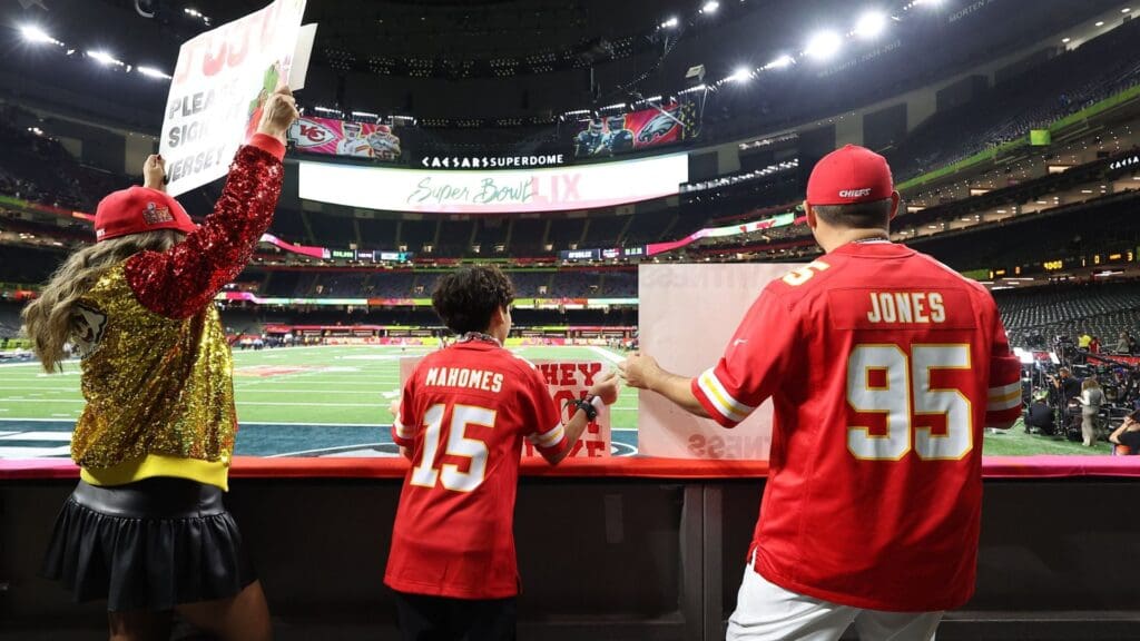 Feb 9, 2025; New Orleans, LA, USA; Kansas City Chiefs fans hold up signs before Super Bowl LIX between the Philadelphia Eagles and the Kansas City Chiefs at Ceasars Superdome.