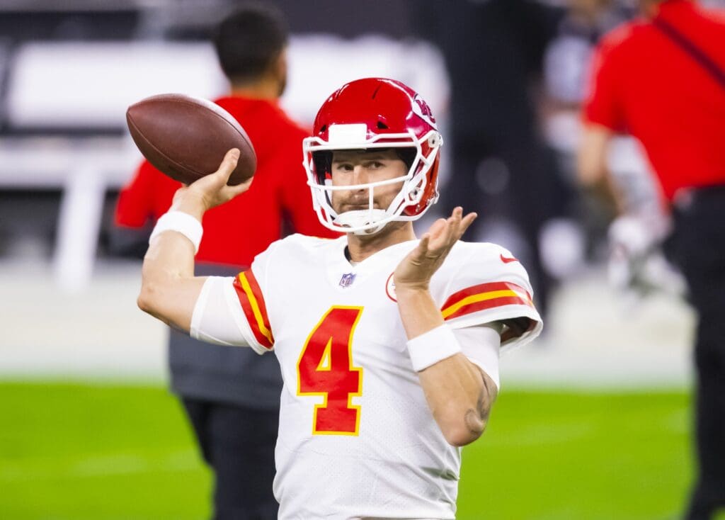 Nov 22, 2020; Paradise, Nevada, USA; Kansas City Chiefs quarterback Chad Henne (4) against the Las Vegas Raiders at Allegiant Stadium.