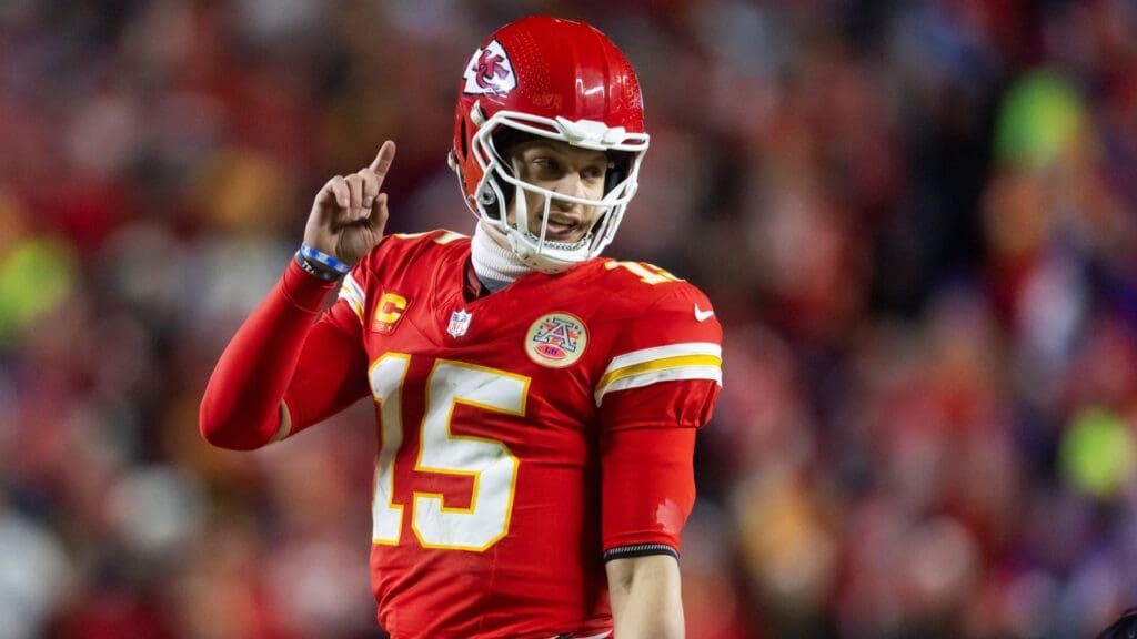 Jan 26, 2025; Kansas City, MO, USA; Kansas City Chiefs quarterback Patrick Mahomes (15) reacts against the Buffalo Bills during the AFC Championship game at GEHA Field at Arrowhead Stadium.