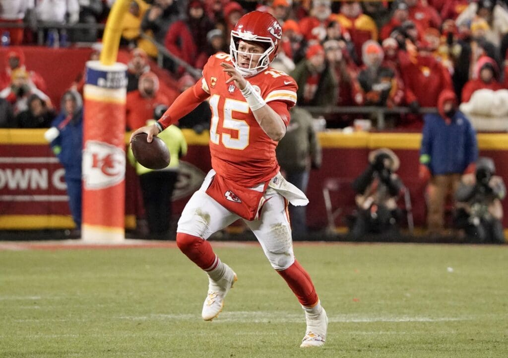 Jan 29, 2023; Kansas City, Missouri, USA; Kansas City Chiefs quarterback Patrick Mahomes (15) against the Cincinnati Bengals during the AFC Championship game at GEHA Field at Arrowhead Stadium