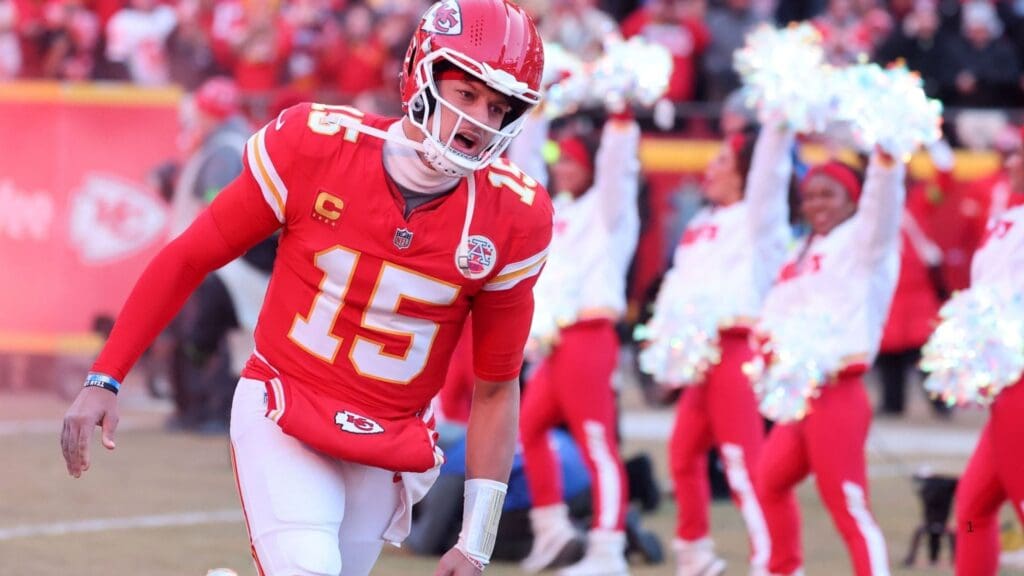 Jan 26, 2025; Kansas City, MO, USA; Kansas City Chiefs quarterback Patrick Mahomes (15) takes the field before the AFC Championship game against the Buffalo Bills at GEHA Field at Arrowhead Stadium.