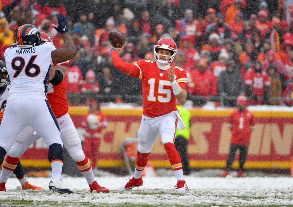 Dec 15, 2019; Kansas City, MO, USA; Kansas City Chiefs quarterback Patrick Mahomes (15) throws a pass during the first half against the Denver Broncos at Arrowhead Stadium.