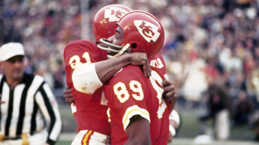 Jan 11, 1970; New Orleans, USA; FILE PHOTO; Kansas City Chiefs receiver Otis Taylor (89) gets a hug from Mike Garrett (21) after scoring a toughdown against the Minnesota Vikings during Super Bowl IV at Tulane Stadium. The Chiefs defeated the Vikings 24-7