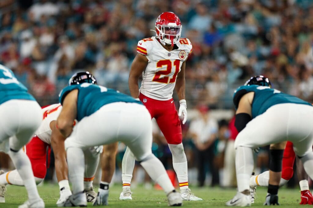 Aug 10, 2024; Jacksonville, Florida, USA; Kansas City Chiefs safety Jaden Hicks (21) lines up against the Jacksonville Jaguars in the second quarter during preseason at EverBank Stadium