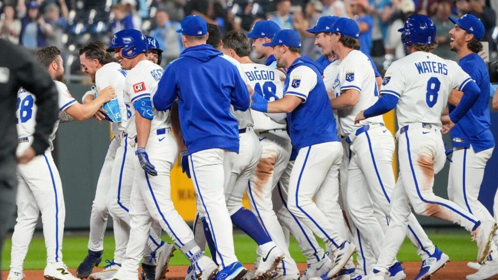 May 6, 2025; Kansas City, Missouri, USA; Kansas City Royals shortstop Bobby Witt Jr. (7) celebrates with team mates after hitting a walk off single against the Chicago White Sox in the ninth inning at Kauffman Stadium.