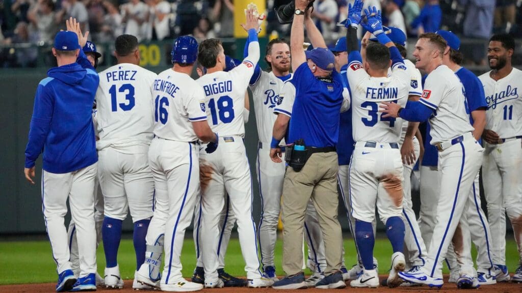 May 6, 2025; Kansas City, Missouri, USA; Kansas City Royals shortstop Bobby Witt Jr. (7) celebrates with team mates after a walk-off win over the Chicago White Sox at Kauffman Stadium.