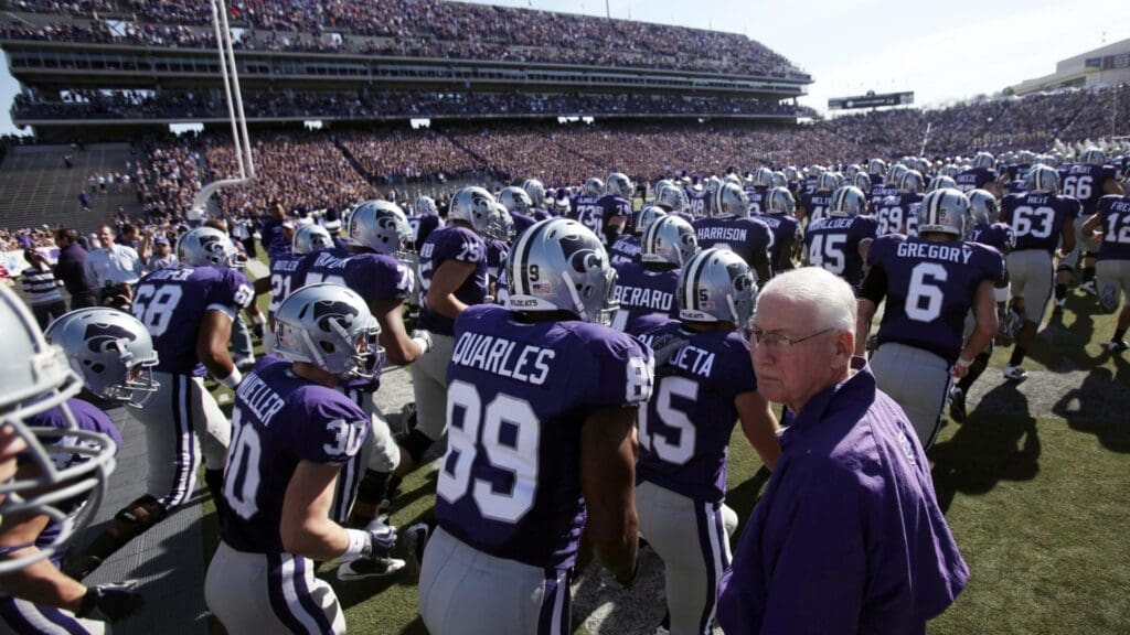 Nov. 7, 2009; Manhattan, KS, USA; Kansas State Wildcats head coach Bill Snyder watches as his team takes the field before playing the Kansas Jayhawks at Bill Snyder Family Stadium. The Wildcats defeated the Jayhawks 17-10.
