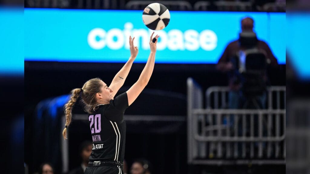Jun 14, 2025; San Francisco, California, USA; Golden State Valkyries guard Kate Martin (20) attempts a three point basket against the Seattle Storm in the third quarter at Chase Center.