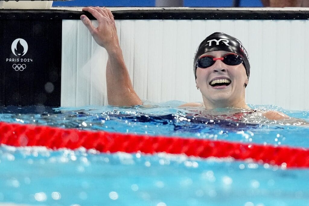 Aug 3, 2024; Nanterre, France; Katie Ledecky (USA) in the women’s 800-meter freestyle final during the Paris 2024 Olympic Summer Games at Paris La Défense Arena