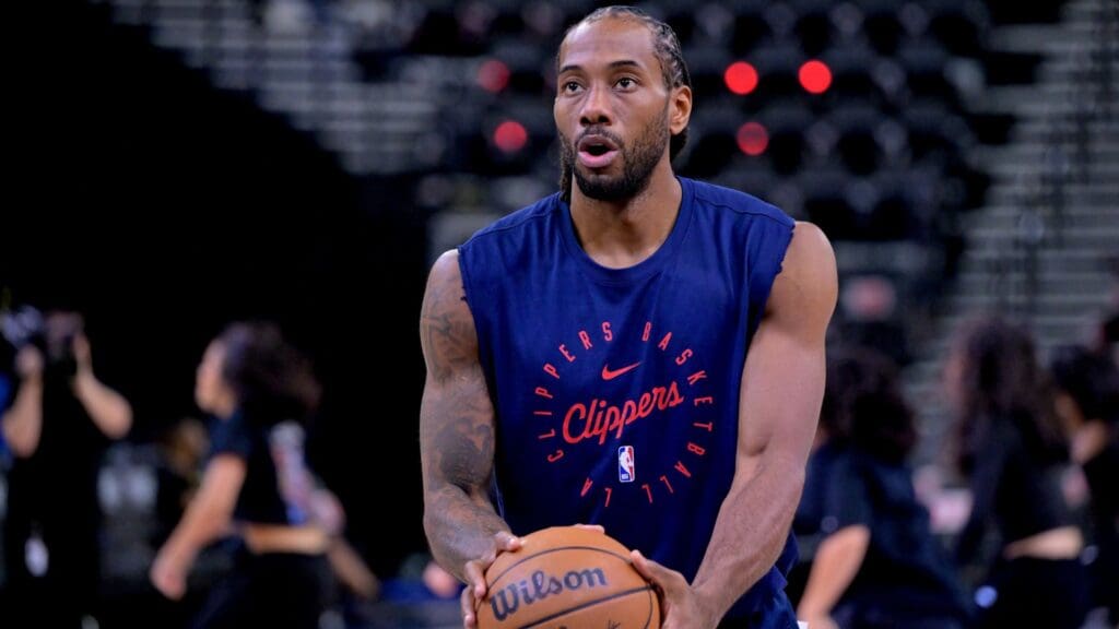Apr 26, 2025; Inglewood, California, USA; Los Angeles Clippers forward Kawhi Leonard (2) warms up prior to game four of round one of the 2024 NBA Playoffs at Intuit Dome.