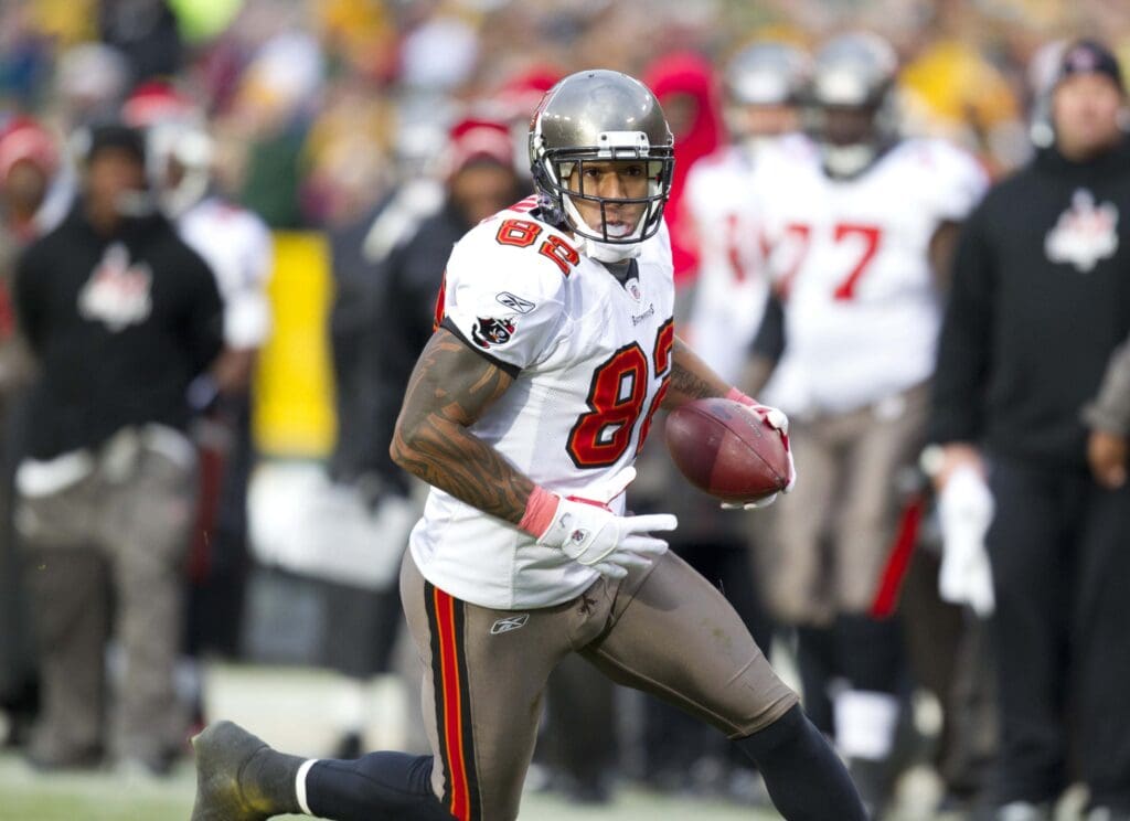 Nov 20, 2011; Green Bay, WI, USA; Tampa Bay Buccaneers tight end Kellen Winslow (82) rushes with the football during the game against the Green Bay Packers at Lambeau Field. The Packers defeated the Buccaneers 35-26.