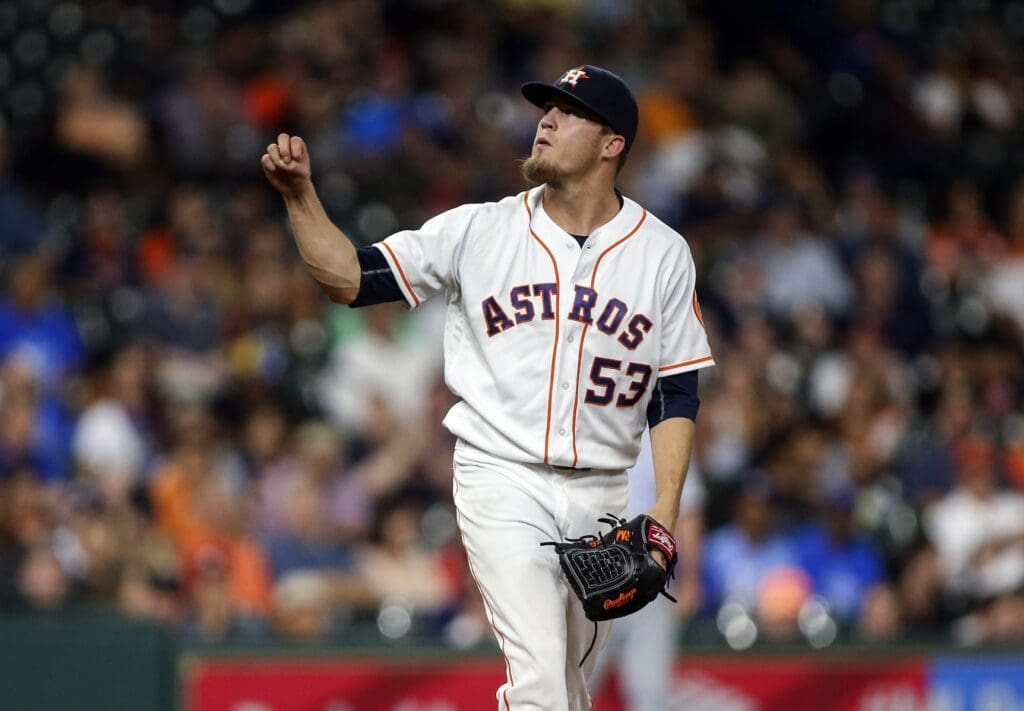 Apr 13, 2016; Houston, TX, USA; Houston Astros relief pitcher Ken Giles (53) delivers a pitch during the eighth inning against the Kansas City Royals at Minute Maid Park.
