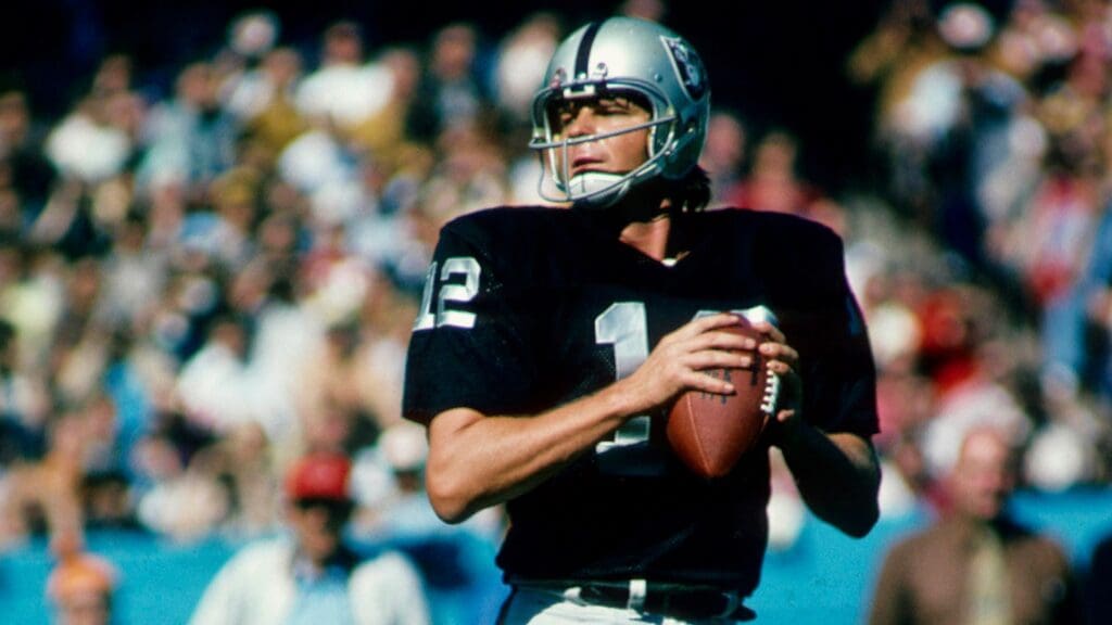 Oct 6, 1974; Cleveland, OH, USA; FILE PHOTO; Oakland Raiders quarterback Ken Stabler (12) in action against the Cleveland Browns at Cleveland Stadium