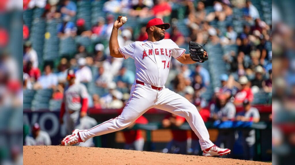 Jun 29, 2025; Anaheim, California, USA; Los Angeles Angels pitcher Kenley Jansen (74) throws against the Washington Nationals during the ninth inning at Angel Stadium.
