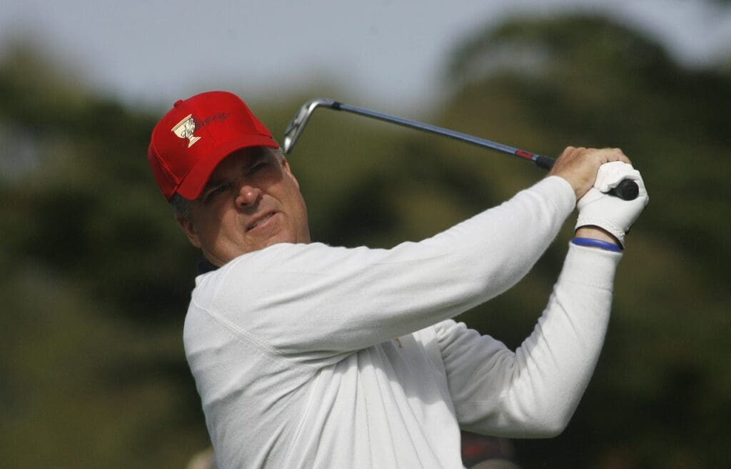 October 9, 2009; San Francisco, CA, USA; USA Team member Kenny Perry (USA) tees off during day two of the President's Cup golf tournament at Harding Park Golf Course.