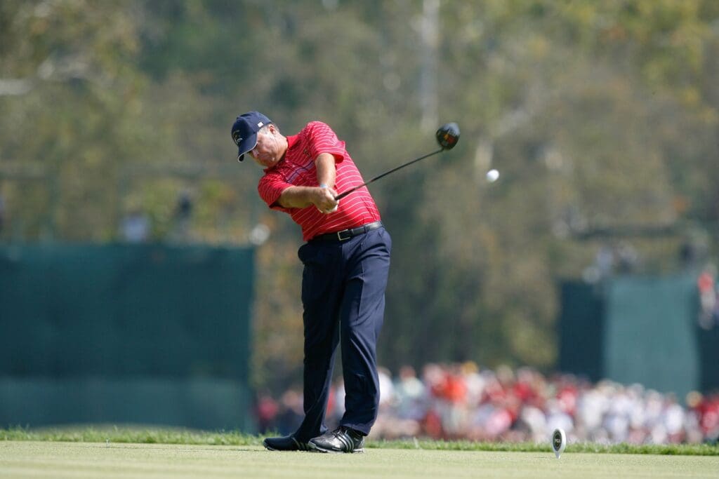 Sep 21, 2008, Louisville, KY, USA; Kenny Perry (USA) tees off on the fourth hole during day 3 of the 37th Ryder Cup at the Valhalla Golf Club.