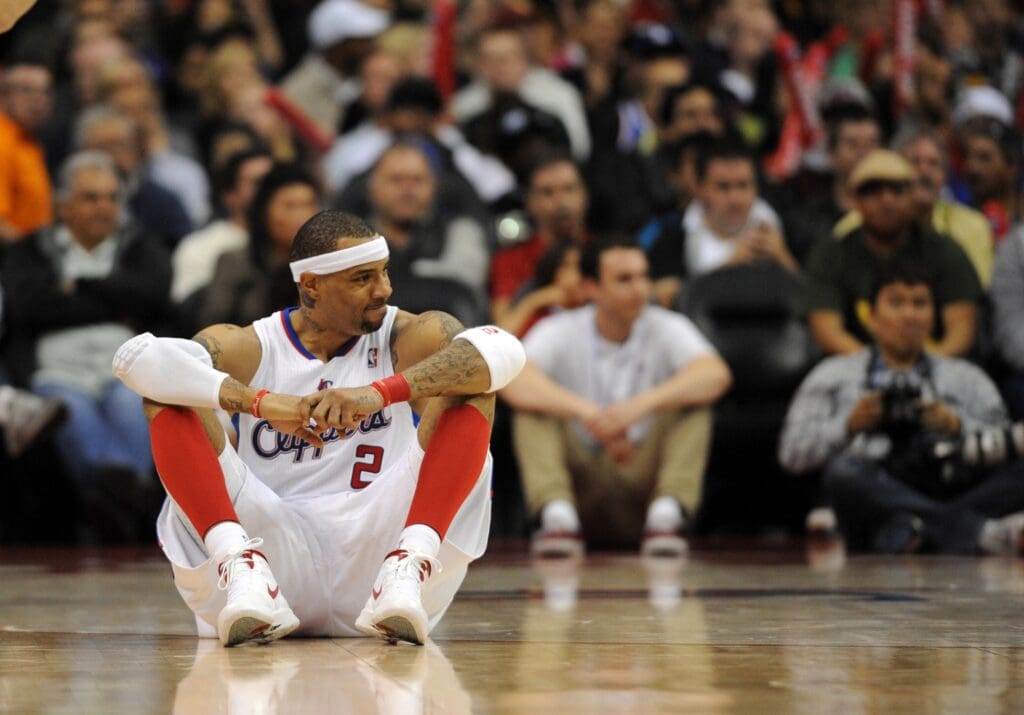Mar 17, 2012; Los Angeles, CA, USA; Los Angeles Clippers forward Kenyon Martin (2) reacts after a foul is called during the game against the Houston Rockets during the third quarter at the Staples Center. The Los Angeles Clippers won 95-91.