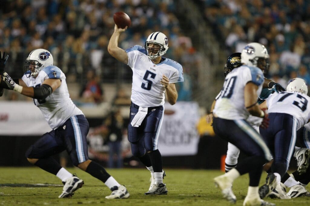 Oct. 18 2010; Jacksonville, FL, USA; Tennessee Titans quarterback Kerry Collins (5) throws a pass against the Jacksonville Jaguars at EverBank Field.