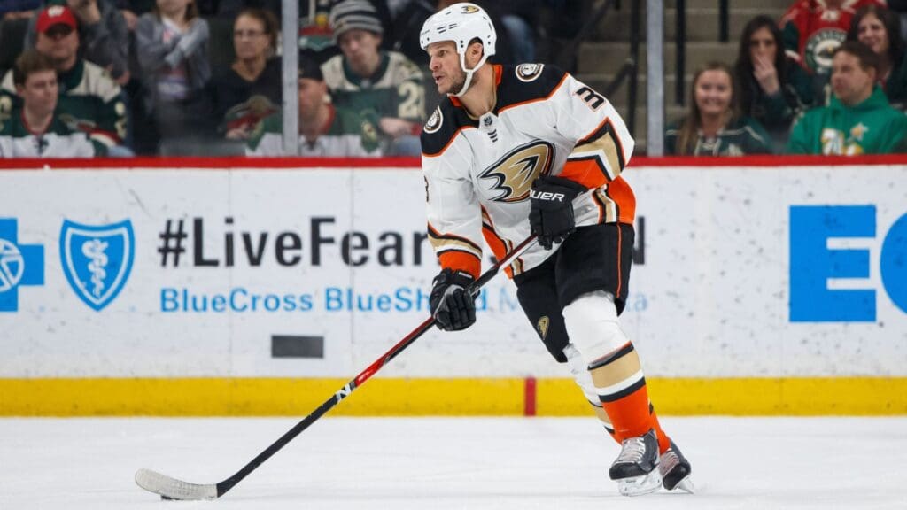 Feb 17, 2018; Saint Paul, MN, USA; Anaheim Ducks defenseman Kevin Bieksa (3) skates with the puck in the first period against the Minnesota Wild at Xcel Energy Center.