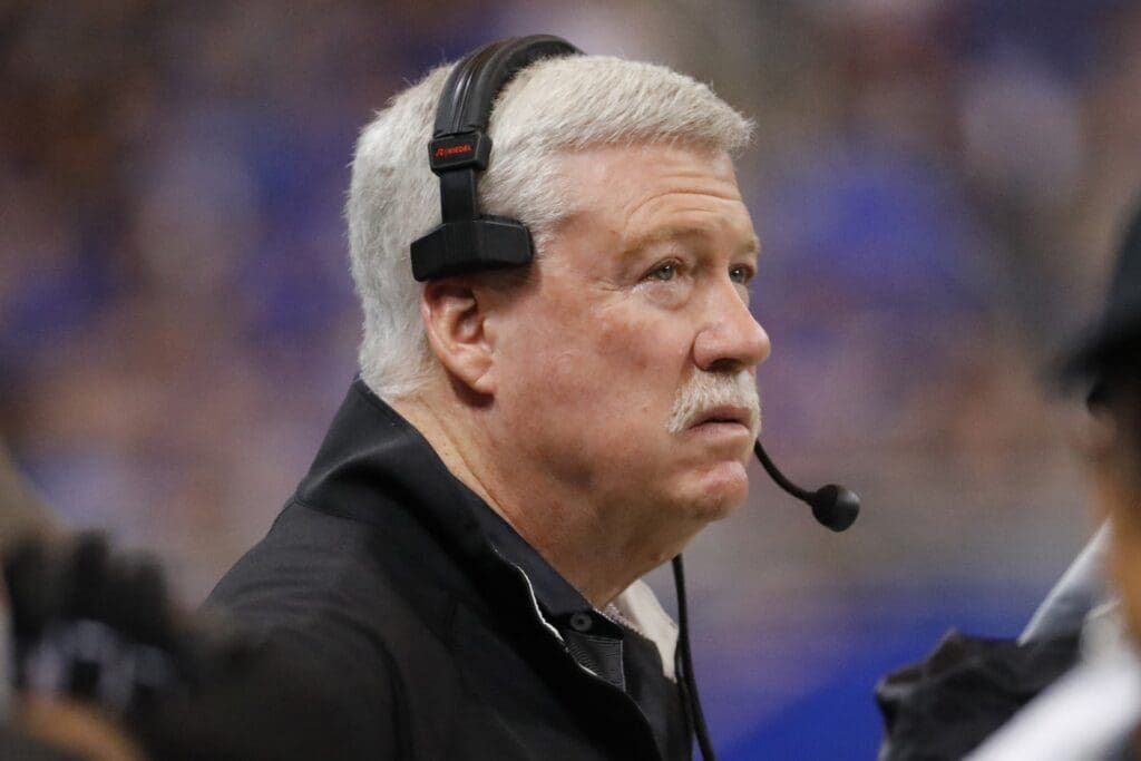 Feb 23, 2020; St. Louis, Missouri, USA; New York Guardians head coach Kevin Gilbride looks on from the sideline during the first half of an XFL game against the St. Louis Battlehawks at The Dome at America's Center.