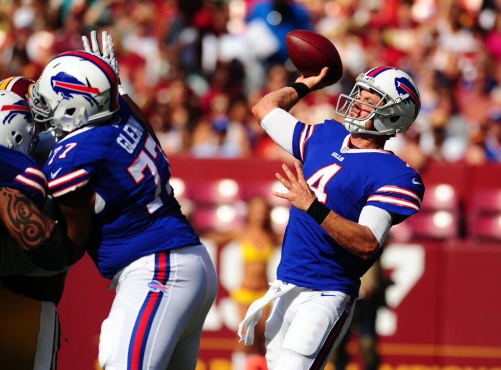 Aug 24, 2013; Landover, MD, USA; Buffalo Bills quarterback Kevin Kolb (4) throws a pass in the first quarter of the game against the Washington Redskins at FedEx Field.
