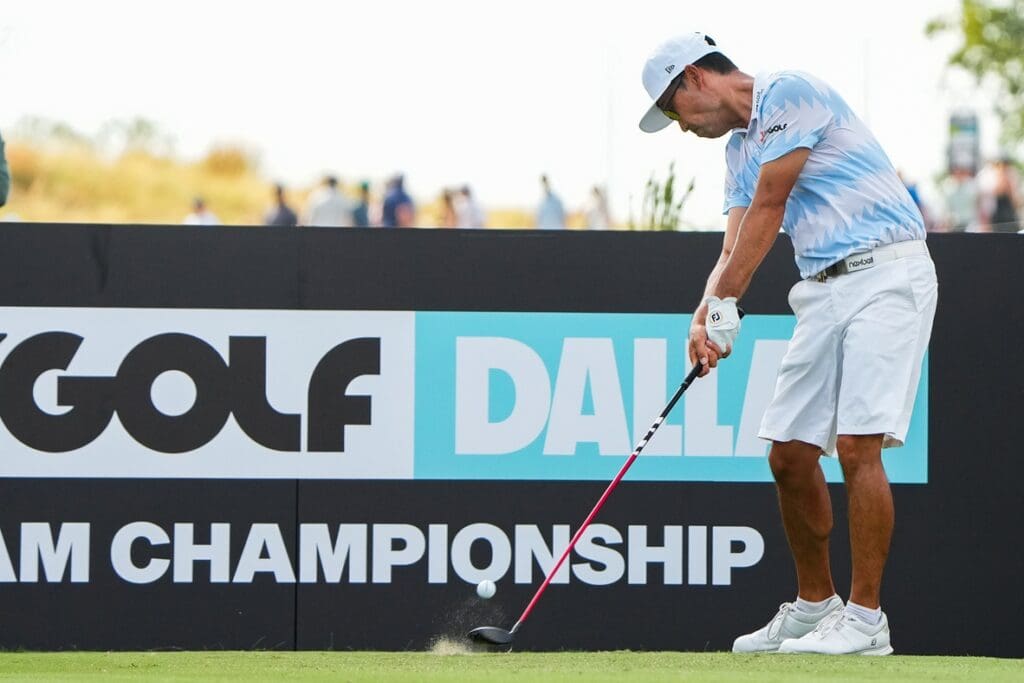Sep 22, 2024; Carrolton, Texas, USA; Kevin Na of the Iron Heads GC plays his shot from the 16th tee during the LIV Golf Dallas Team Championship Finals at Maridoe Golf Club.