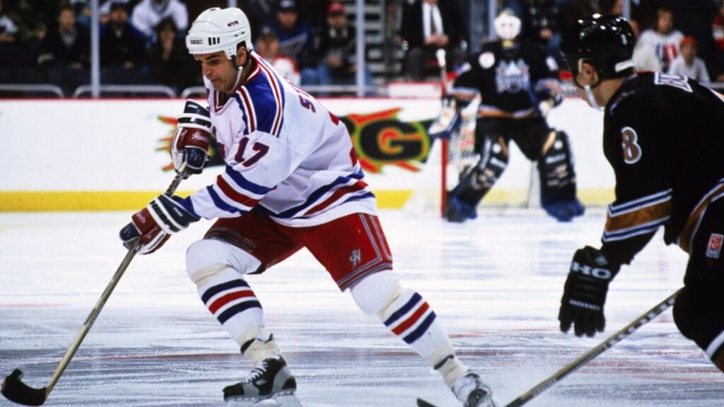 Jan 7, 1999; Washington, DC, USA; FILE PHOTO; New York Rangers left wing Kevin Stevens (17) in action against the Washington Capitals at the MCI Center.