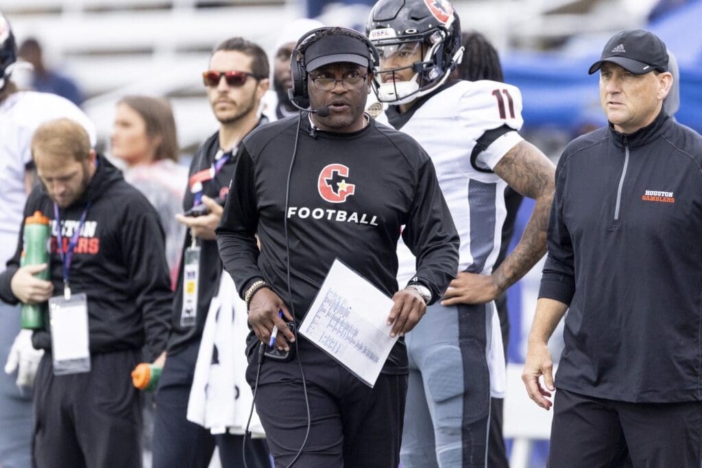 Apr 17, 2022; Birmingham, AL, USA; Houston Gamblers head coach Kevin Sumlin paces the sideline in the first quarter at Protective Stadium.