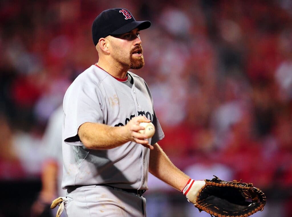 October 8, 2009; Anaheim, CA, USA; Boston Red Sox second baseman first baseman Kevin Youkilis (20) argues a call in the fourth inning against the Los Angeles Angels during game one of the 2009 ALDS at Angel Stadium of Anaheim.