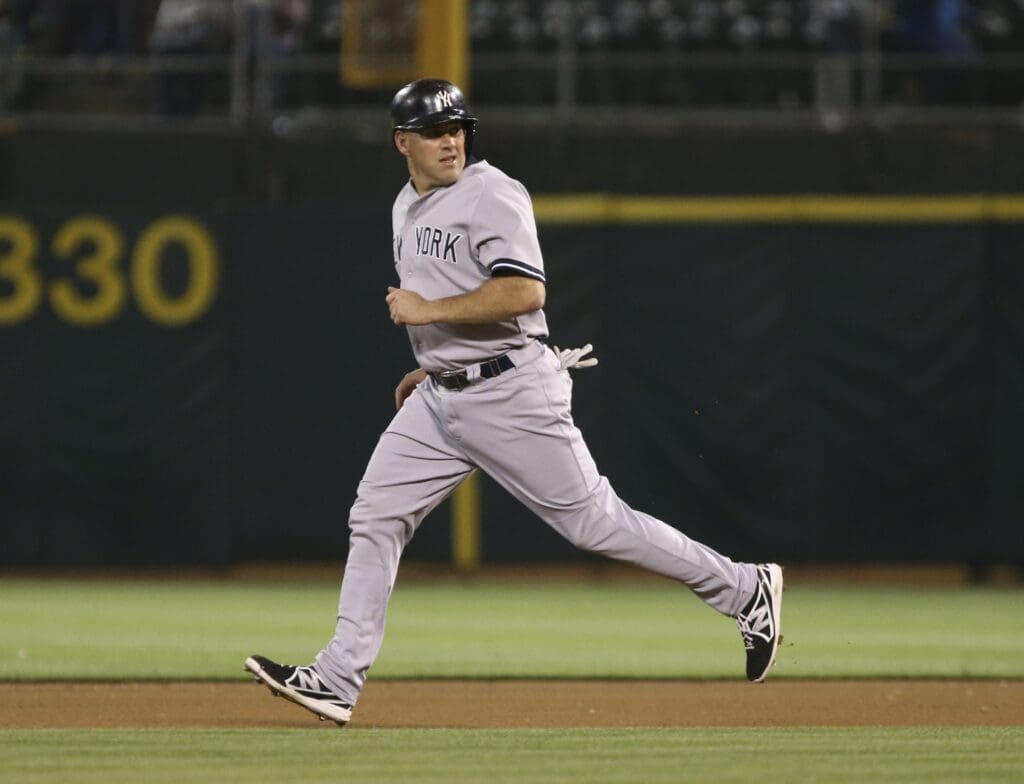 June 12, 2013; Oakland, CA, USA; New York Yankees third baseman Kevin Youkilis (36) runs to second base on a wild pitch by the against the Oakland Athletics during the seventh inning at O.co Coliseum.